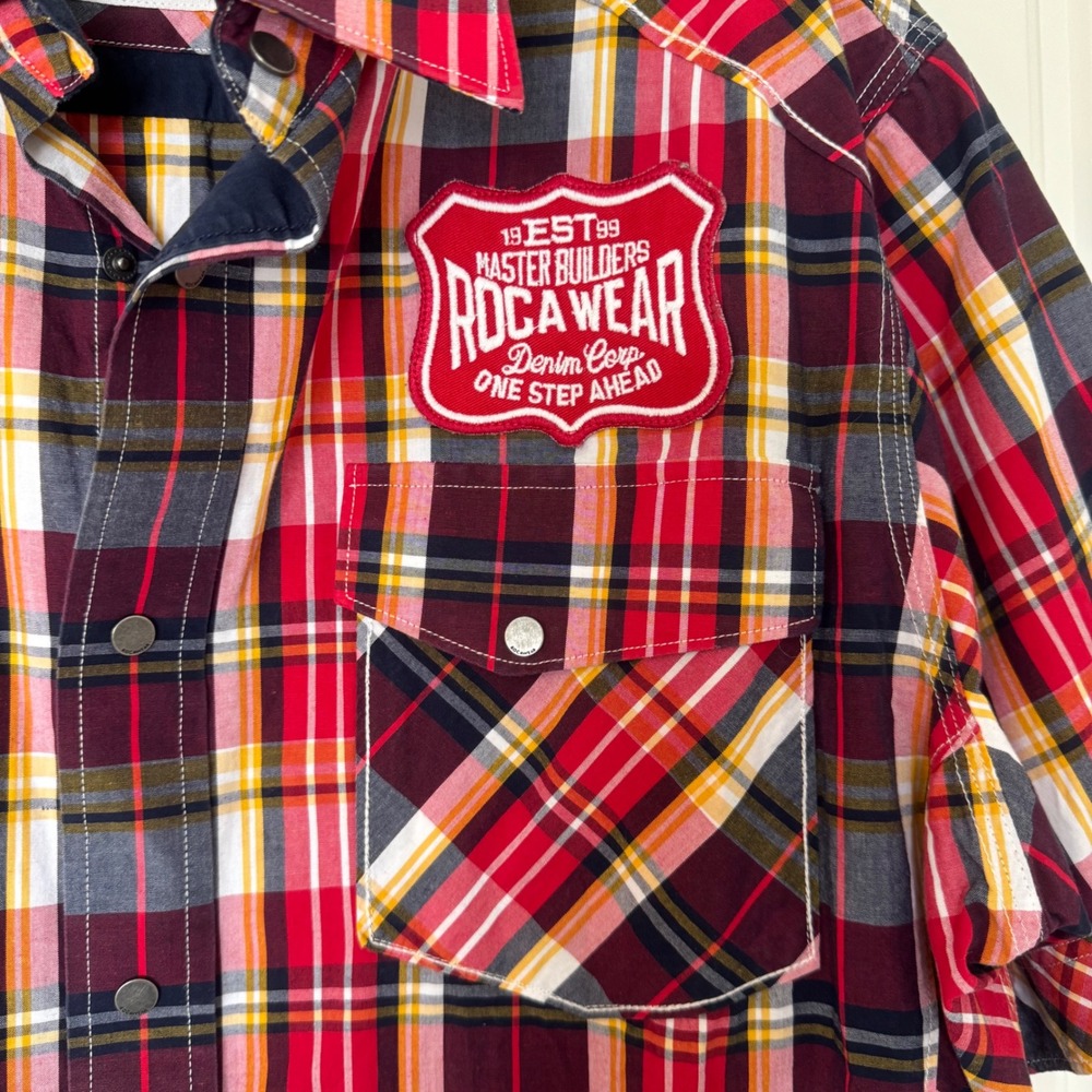 Rocawear Denim‎ Co. Y2K Master Builders Red Plaid Cotton SS Snap Front Shirt XL - Picture 3 of 14